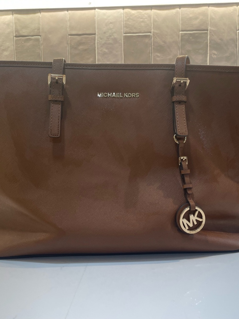 Michael Kors Brown Leather Tote with Gold Logo Charm